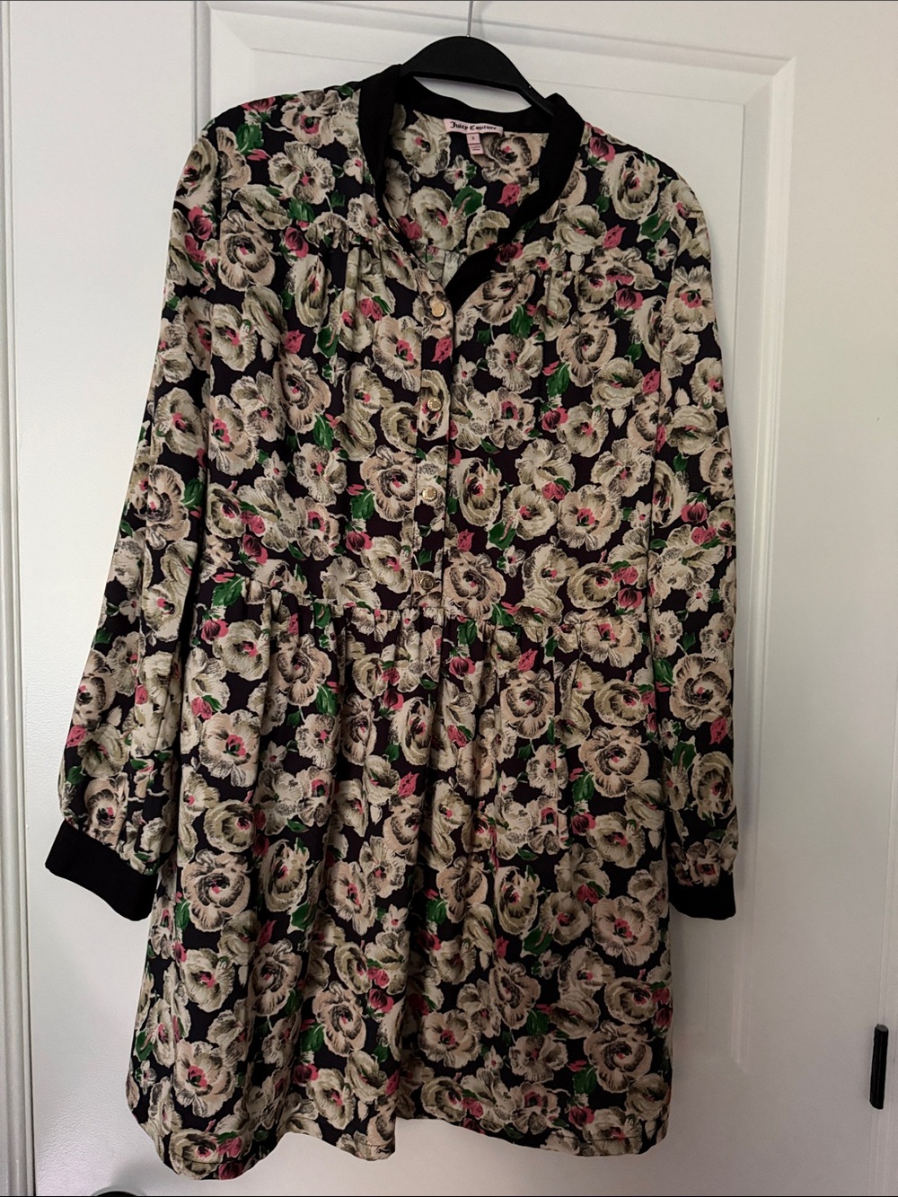 Floral Button-Front Black Long-Sleeve Dress Coat